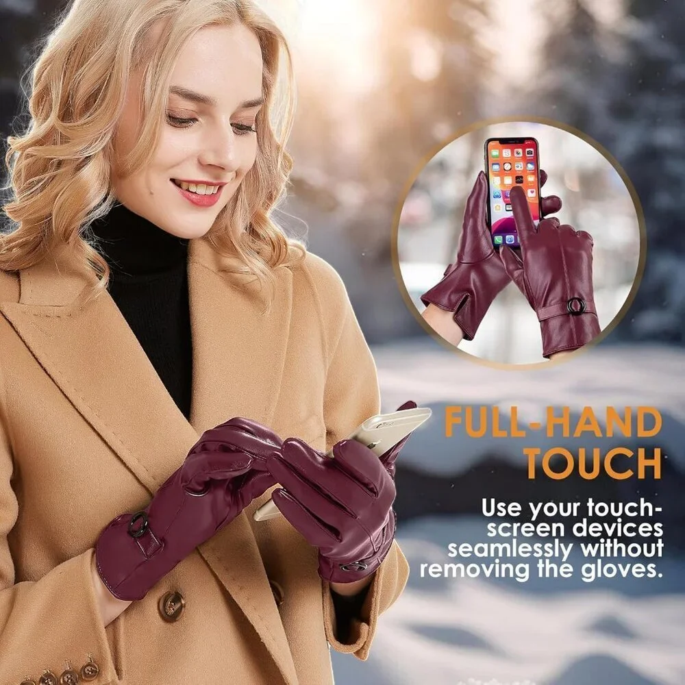 Women's Red Lambskin Leather Gloves Warm Touchscreen Winter Driving Gift